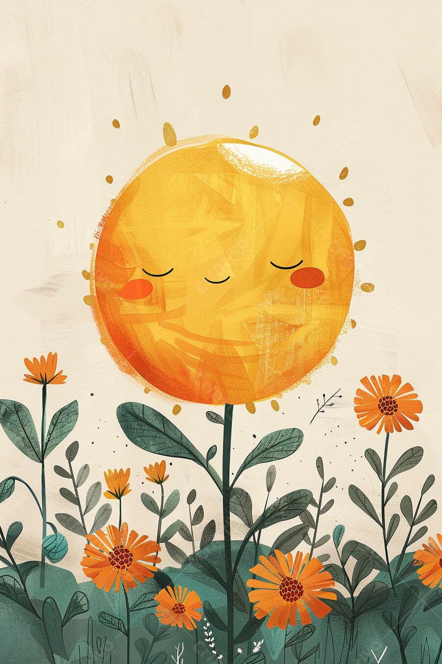 Sol feliz sorrindo como uma flor em campo colorido de margaridas laranjas