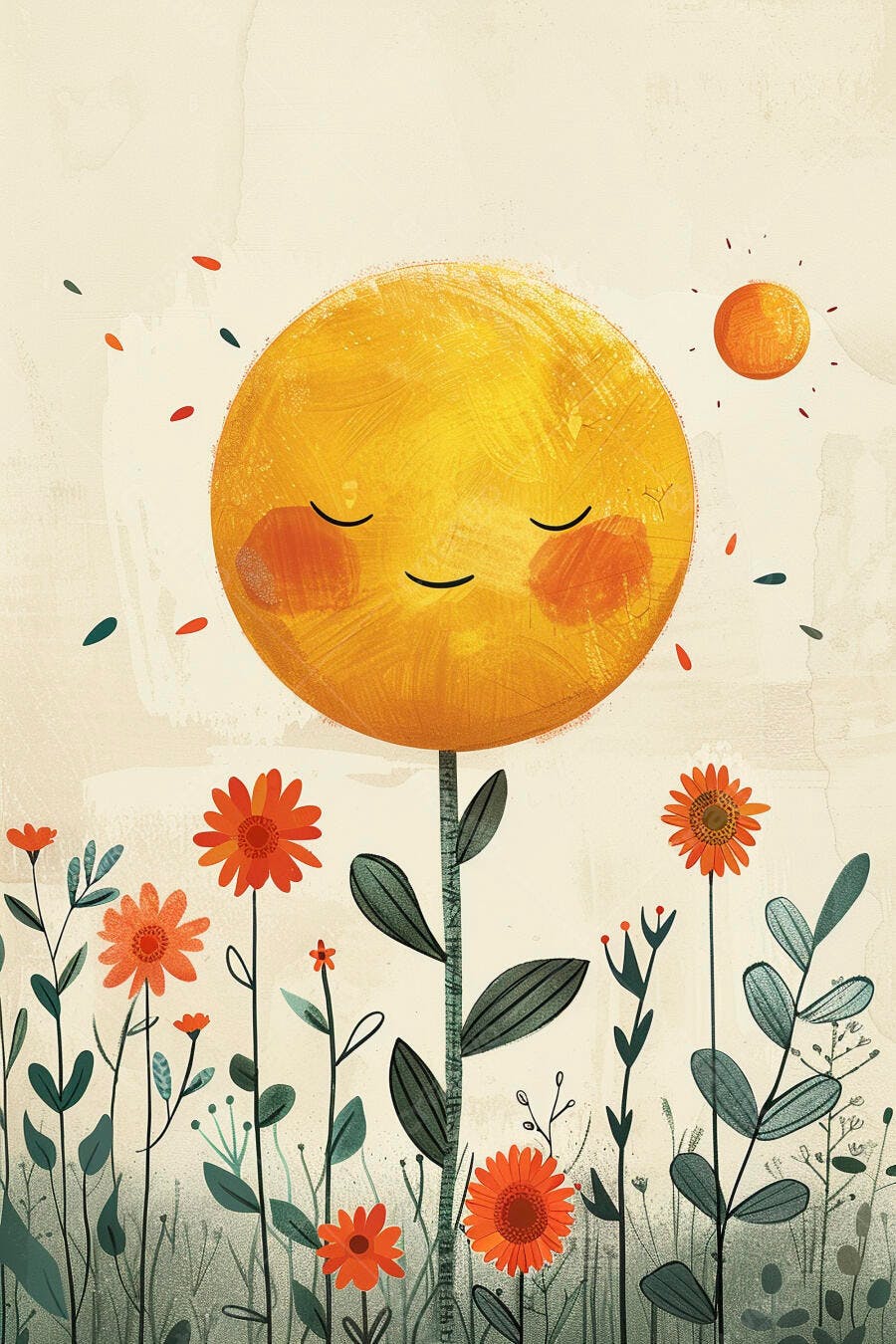 Sol sorridente amarelo em forma de flor ladeado por flores laranjas e folhagem verde