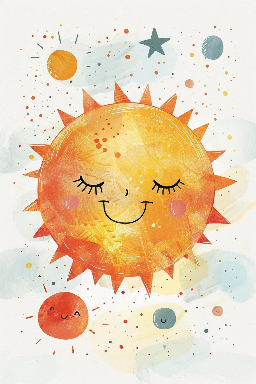 Sol fofo dormindo e sorrindo com planetas coloridos em ilustração infantil