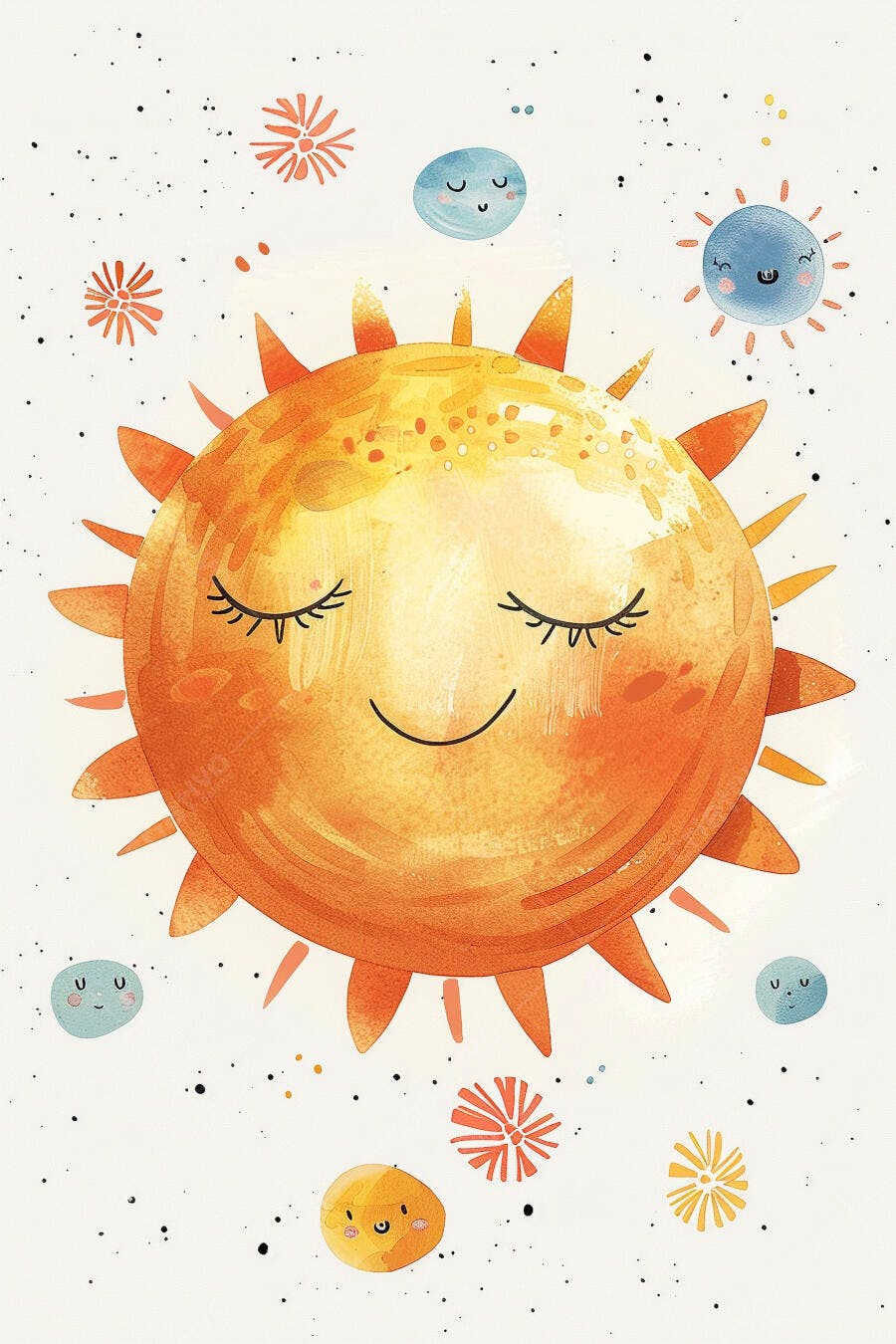 Sol fofo aquarela dormindo com planetas sorridentes e estrelas fundo branco