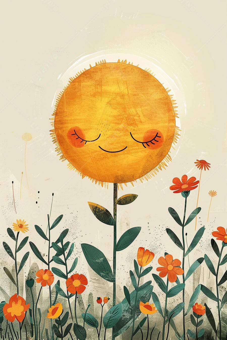 Flor sol amarela feliz em campo com flores coloridas