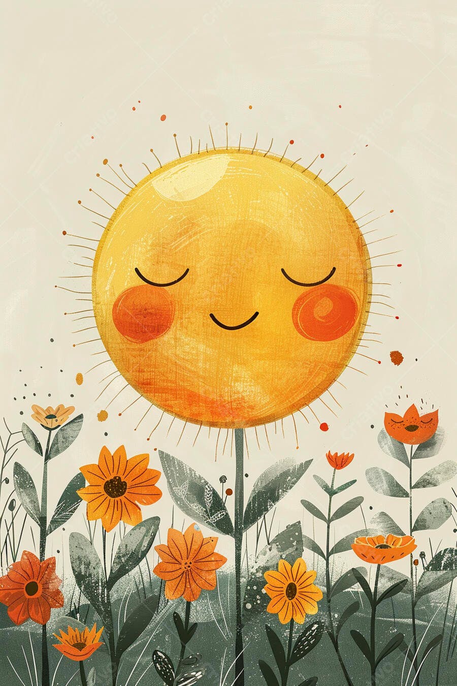 Sol flor sorridente em campo de flores amarelas e laranjas ilustração alegre