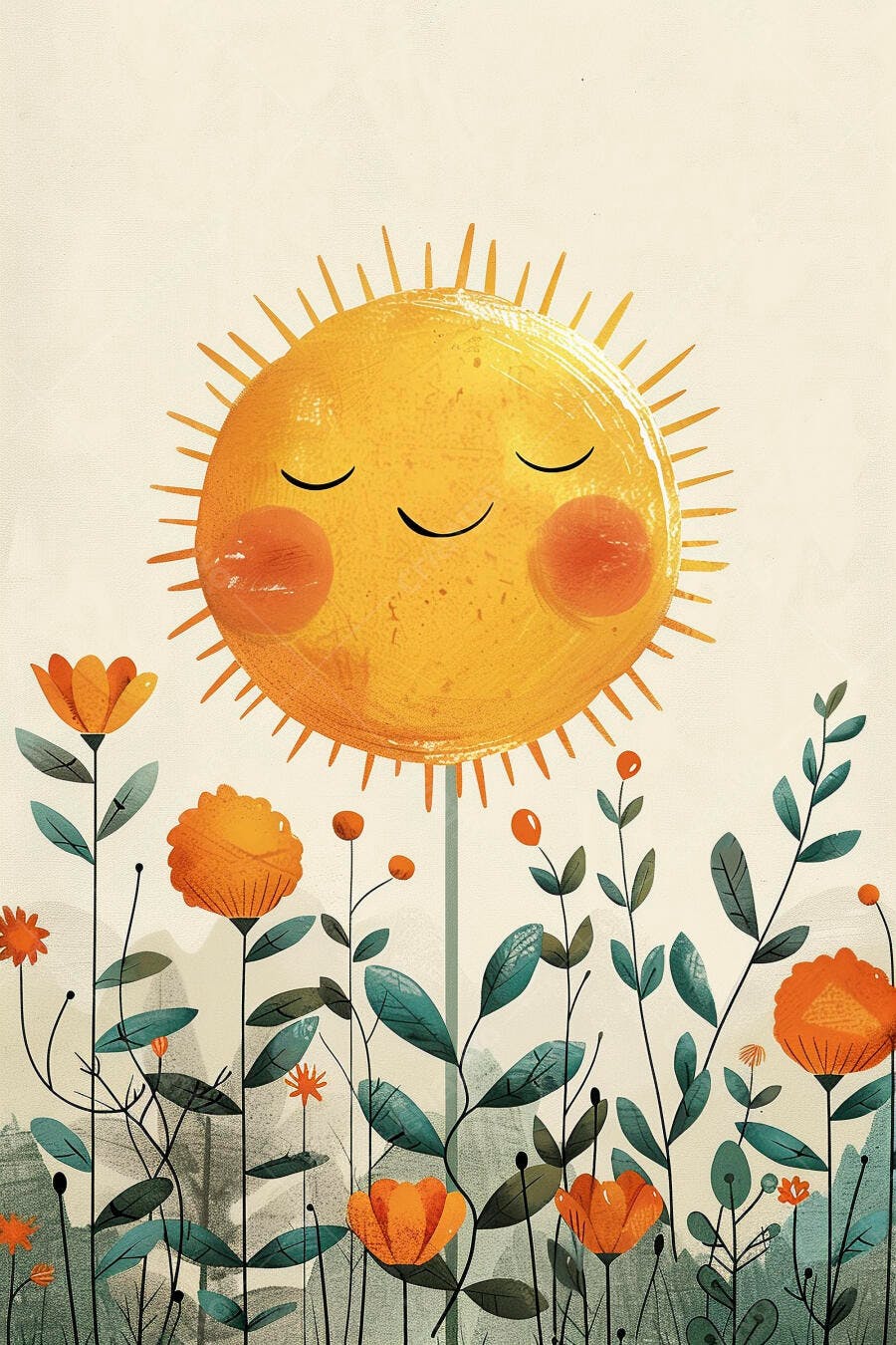 Sol feliz amarelo em campo de flores alaranjadas e folhagens verdes