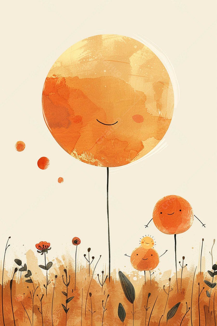 Sol feliz e sua família de sóis sorridentes em campo de flores laranjas