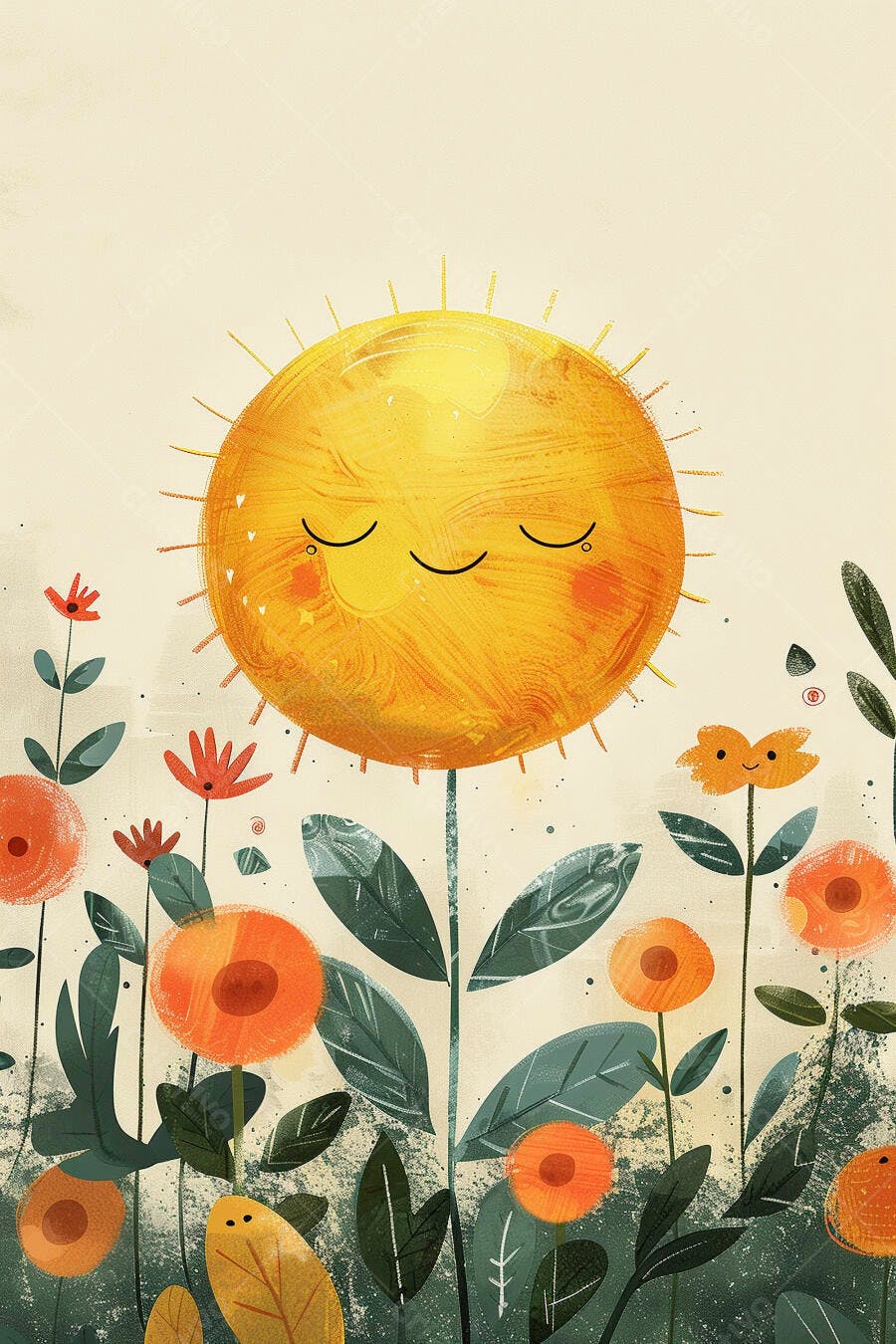 Sol amarelo feliz flor em campo de flores coloridas ilustracao