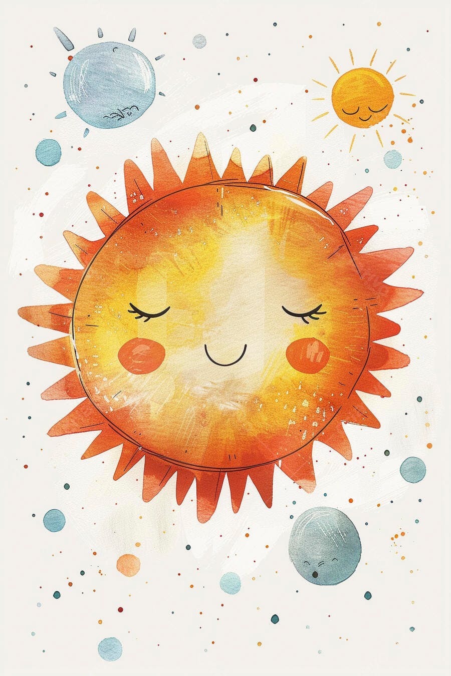 Sol fofo laranja e amarelo dormindo com planetas azuis no espaço