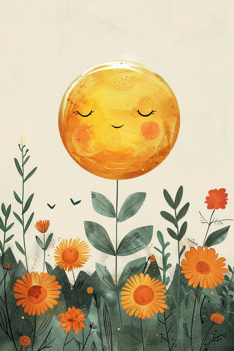 Sol feliz com olhos fechados entre flores laranja e folhagens verdes