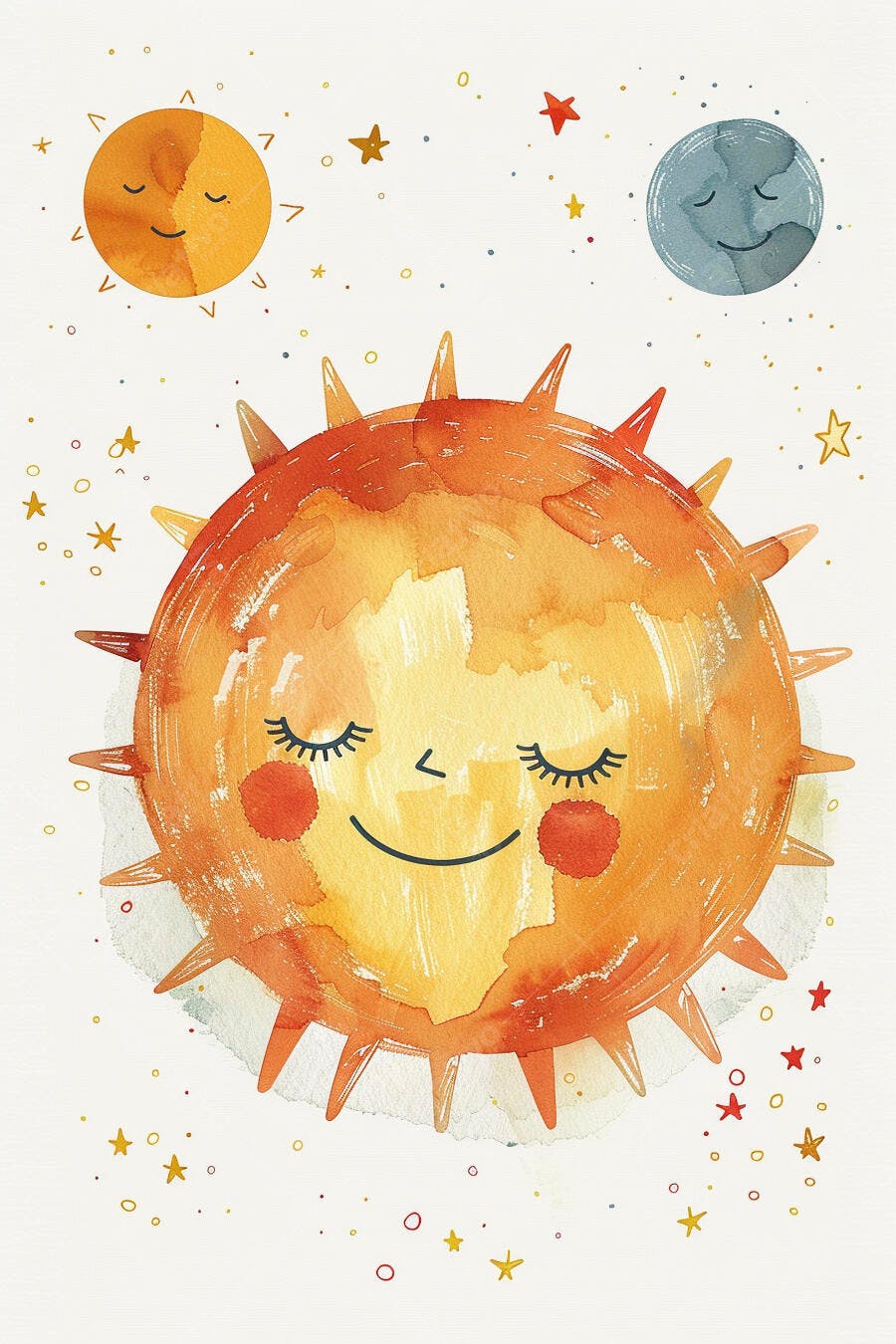 Sol e lua sorrindo em aquarela no espaço com estrelas coloridas