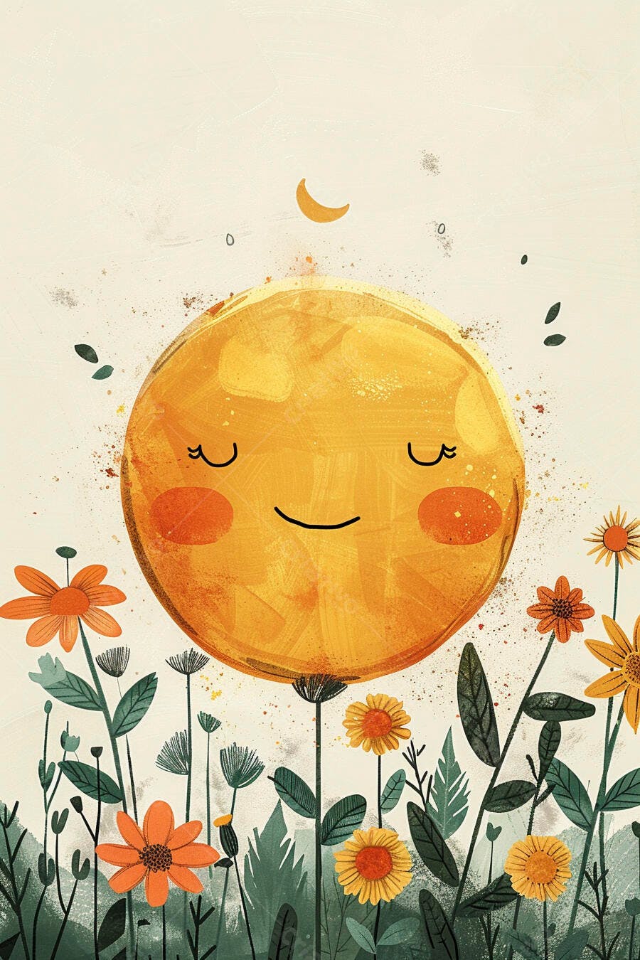 Sol sorridente ilustrado entre flores coloridas em campo verde