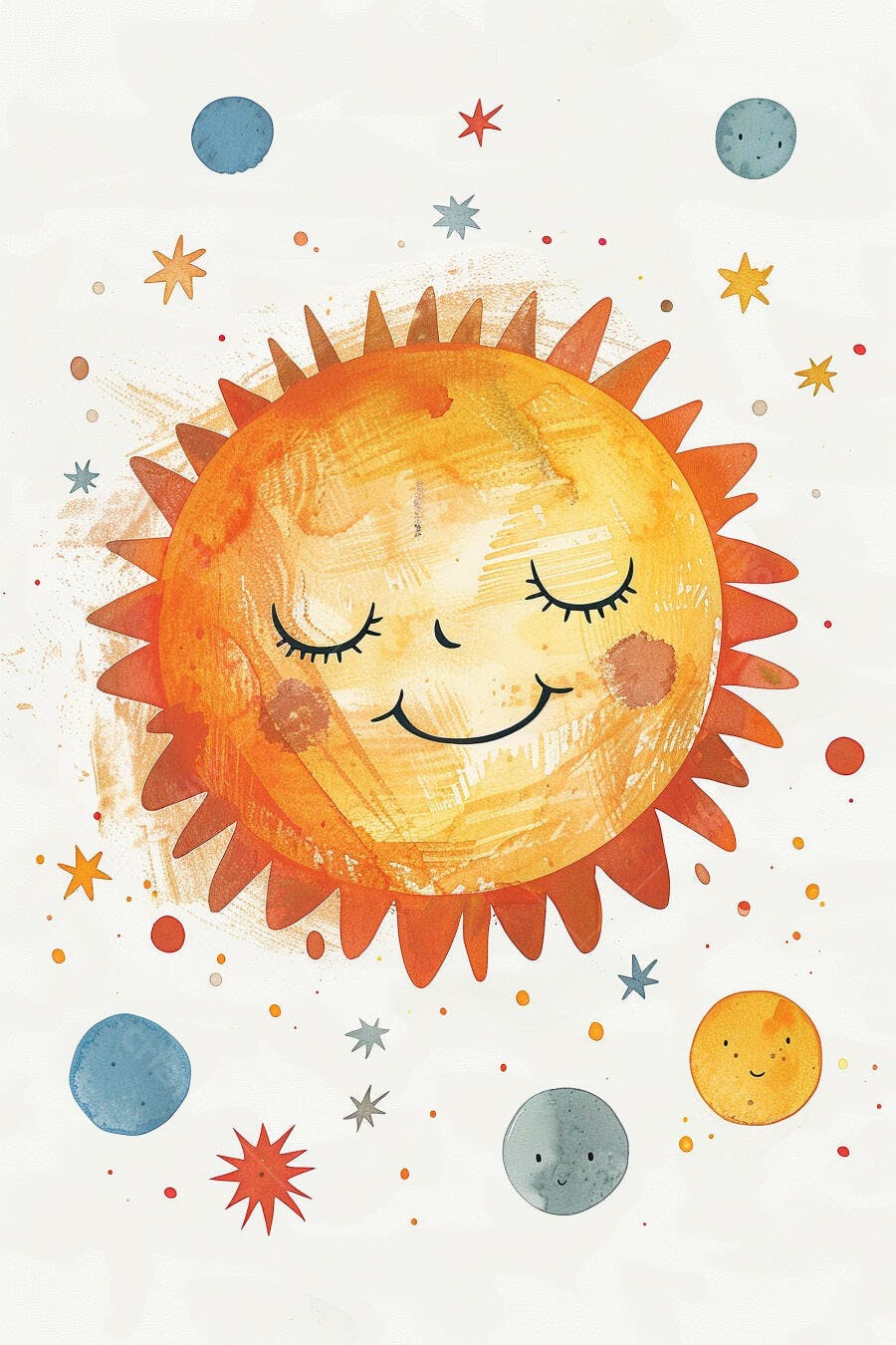 Sol dormindo sorridente em aquarela com planetas e estrelas
