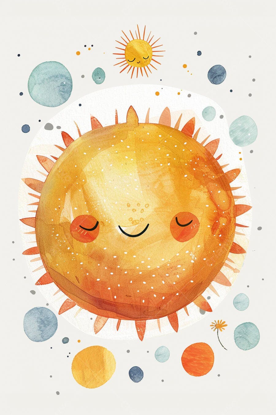 Sol sorridente em aquarela com planetas e estrelas em fundo branco