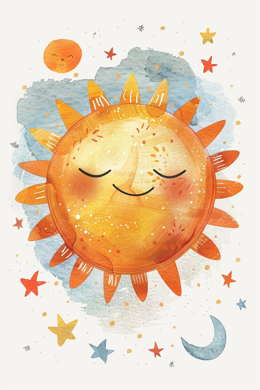 Sol sorridente em aquarela com estrelas e lua fofa no céu azul