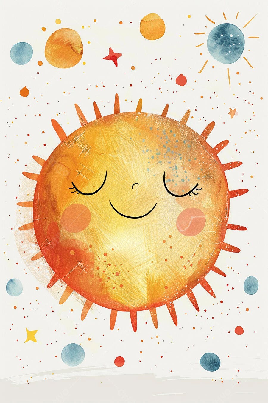 Sol feliz sorrindo no espaço com planetas coloridos e estrelas infantis