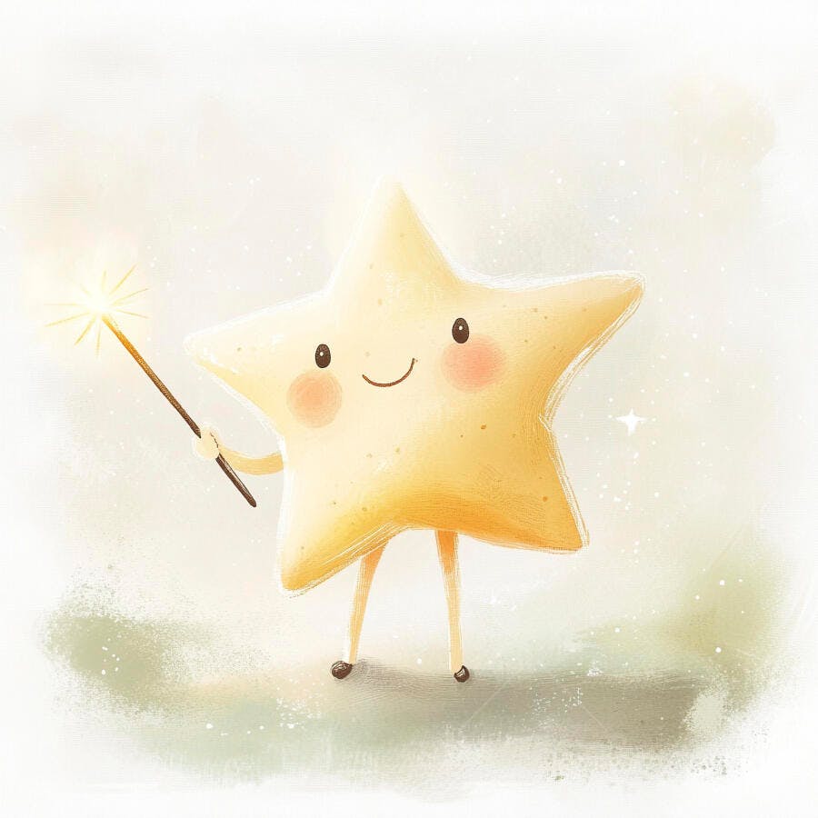 Estrela fofa de desenho animado com varinha mágica brilhante e rosto feliz