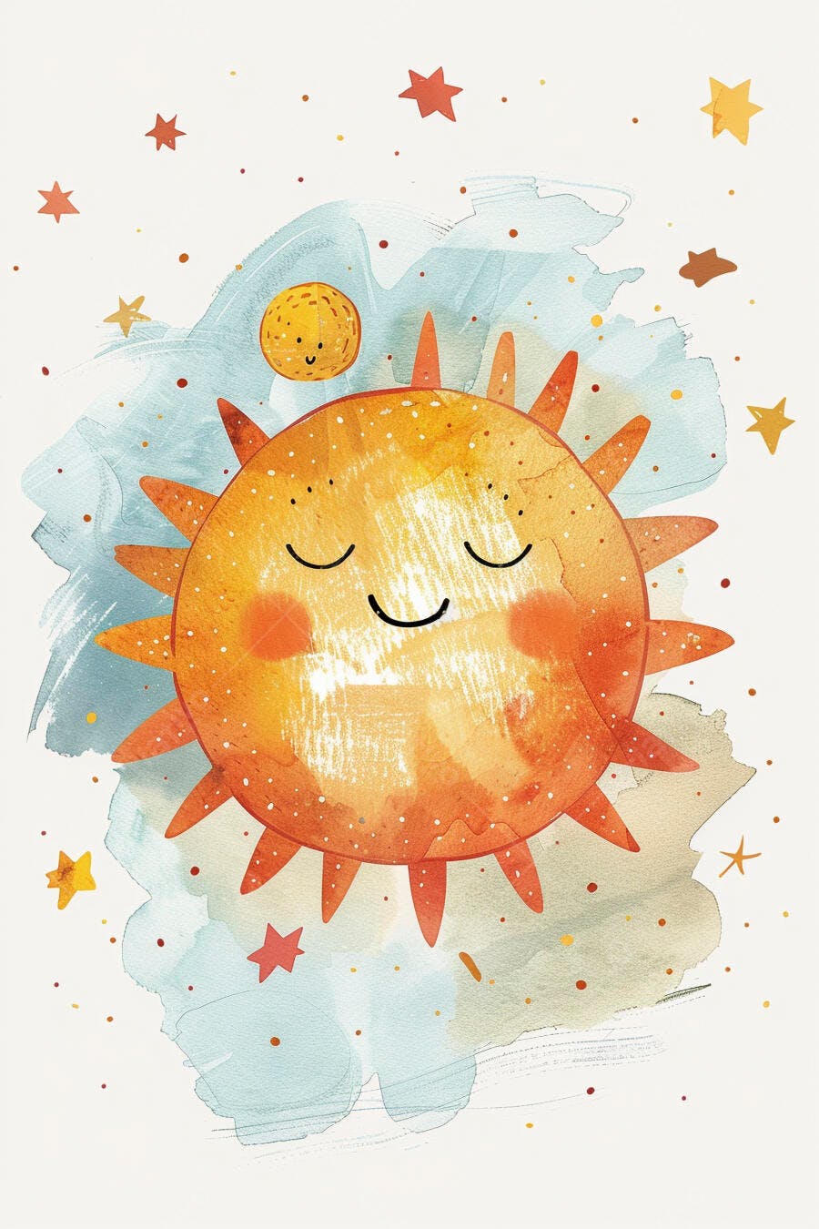 Sol feliz adormecido em nuvem azul com estrelas ilustração infantil aquarela