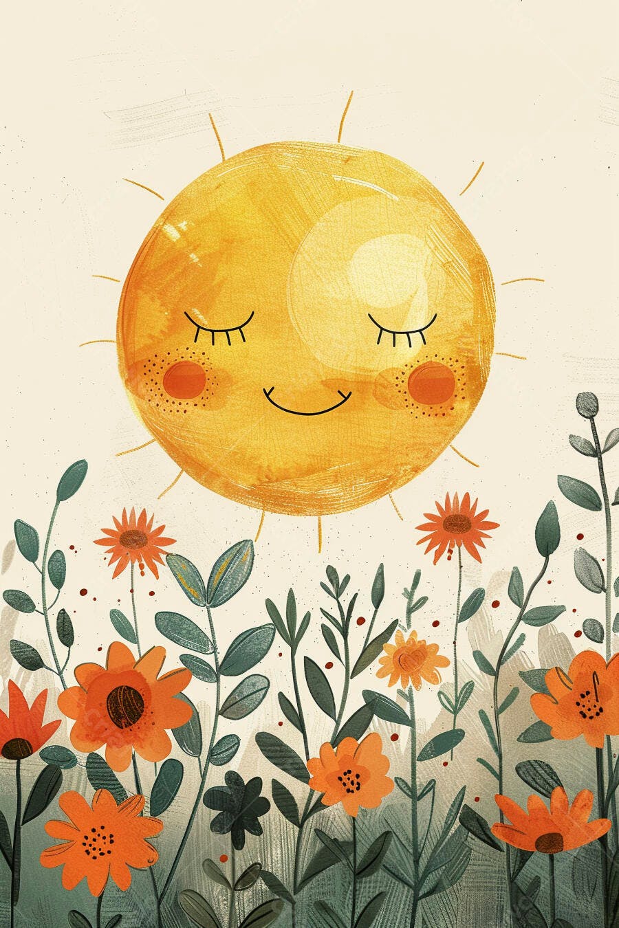 Sol sorridente e pacífico entre flores alaranjadas na primavera ilustração