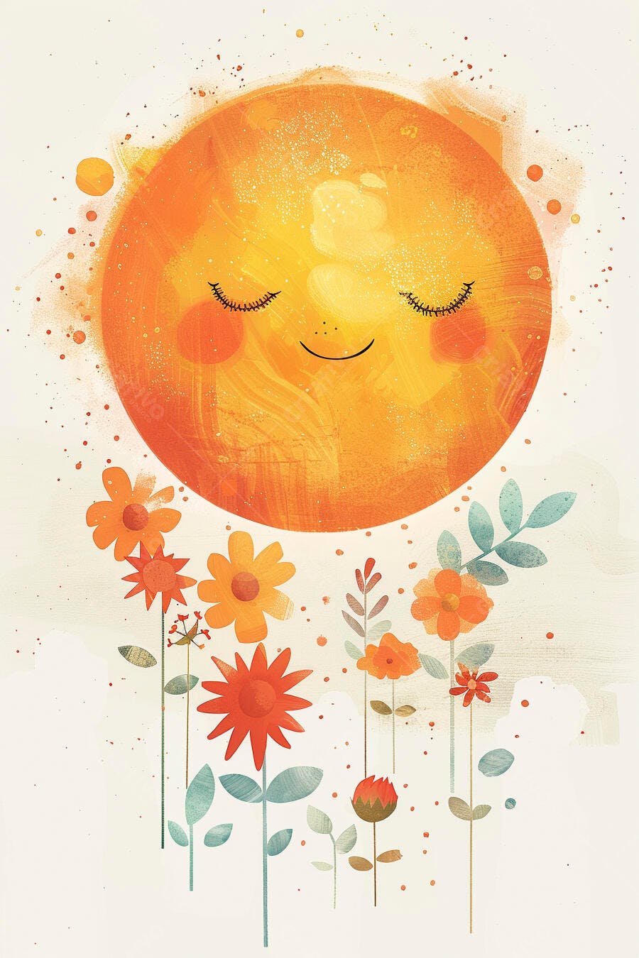 Sol feliz sorridente com flores coloridas em ilustração infantil