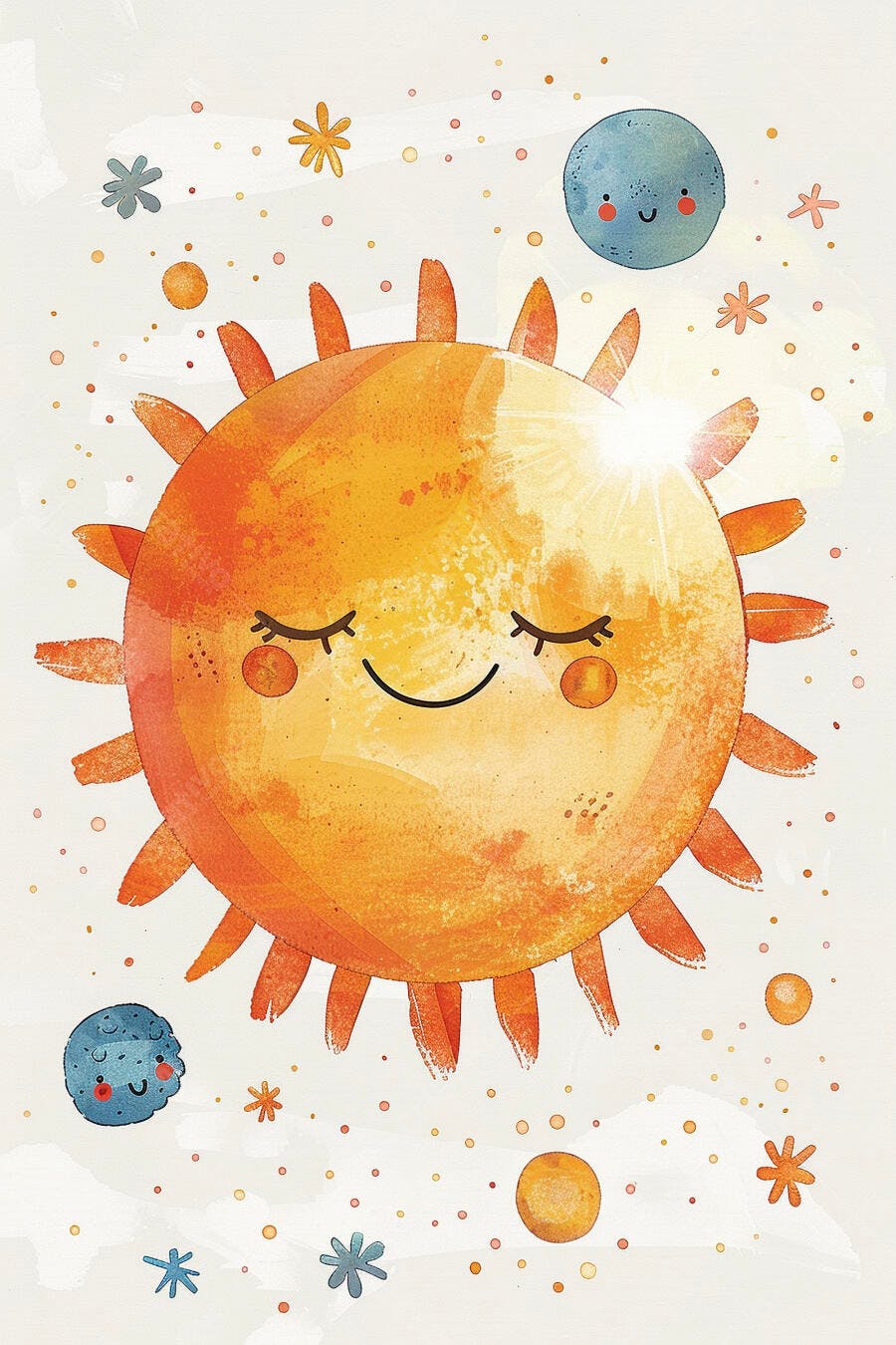 Sol sorridente em aquarela com planetas e estrelas coloridas