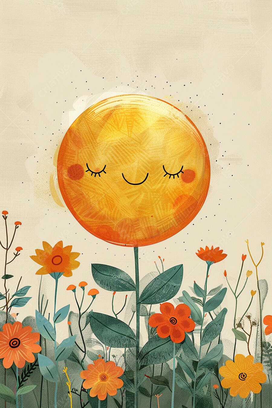 Sol feliz sorrindo em meio a flores coloridas de primavera