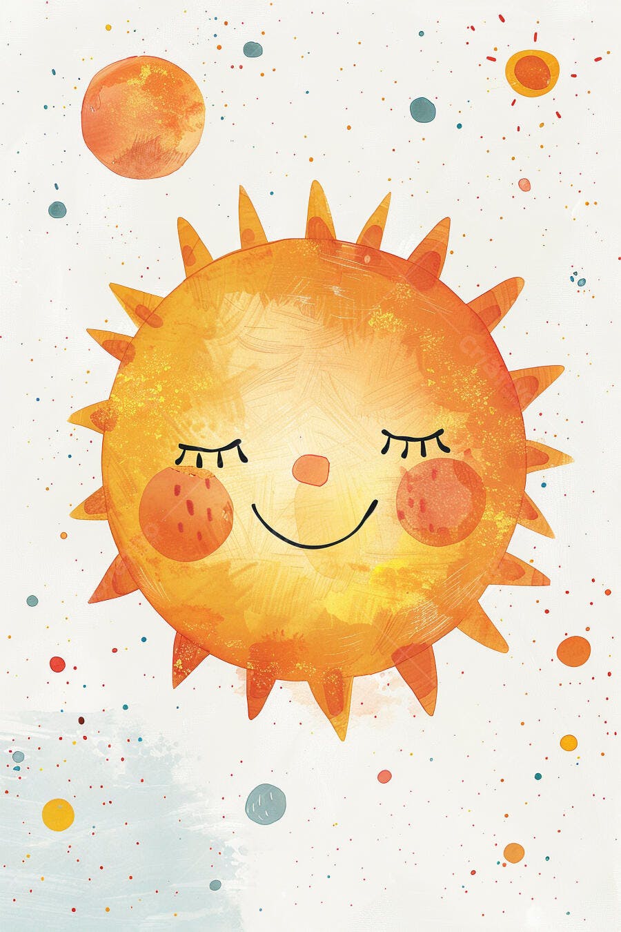 Sol amarelo laranja sorridente dormindo ilustração infantil alegre