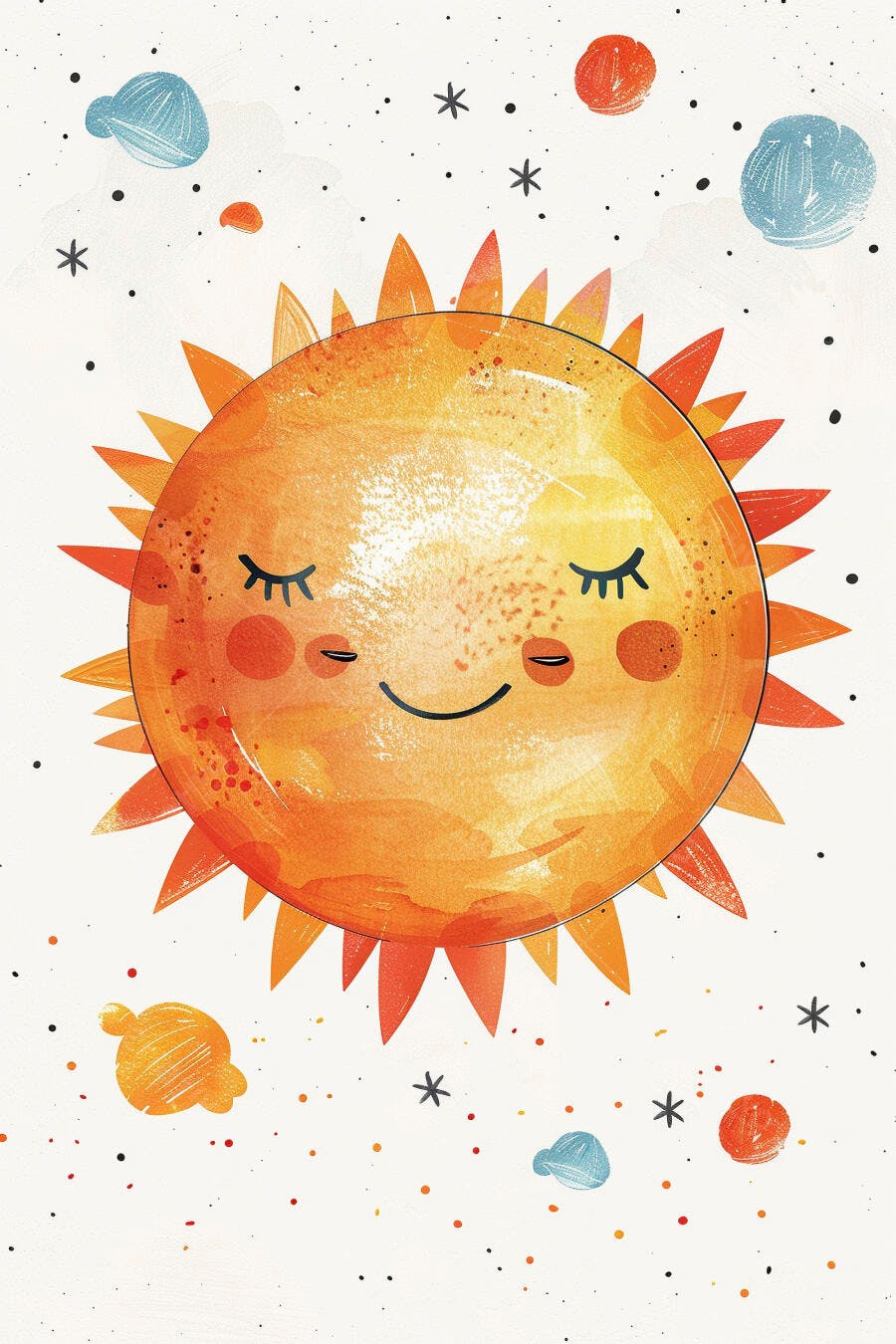 Sol sorridente em ilustração infantil com planetas coloridos no espaço
