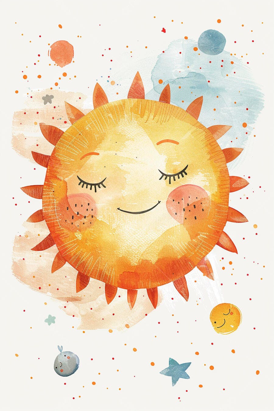 Sol sorridente com olhos fechados estilo aquarela no espaço infantil