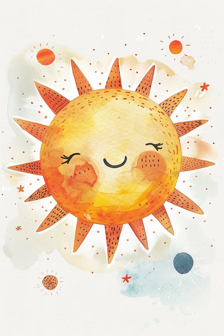 Solzinho sorridente em aquarela com raios e estrelas para crianças