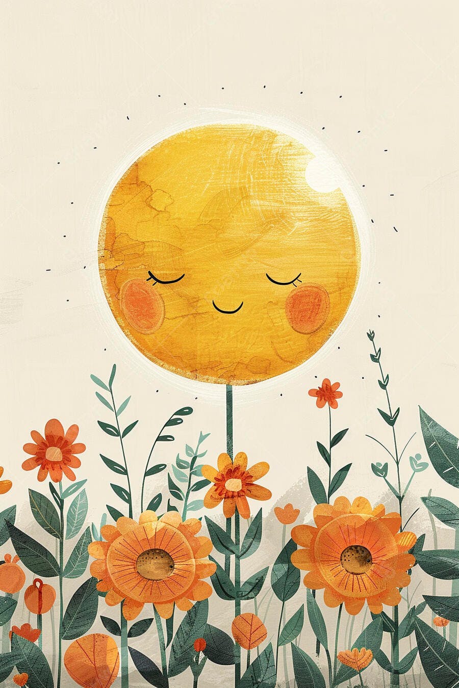 Sol sorridente em jardim de flores laranjas e folhas verdes ilustração alegre