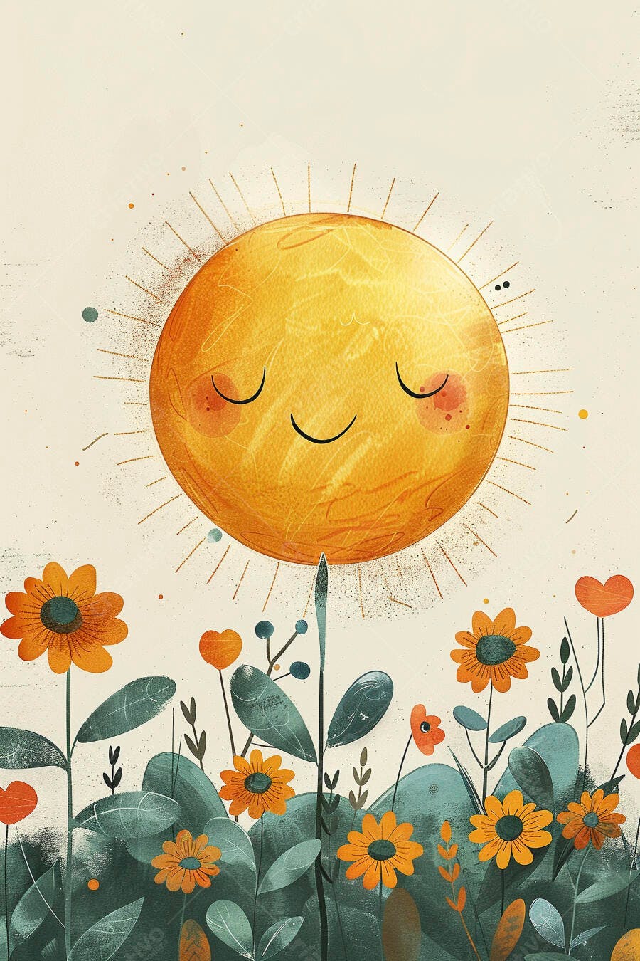 Sol sorridente e flores coloridas em campo ensolarado ilustração