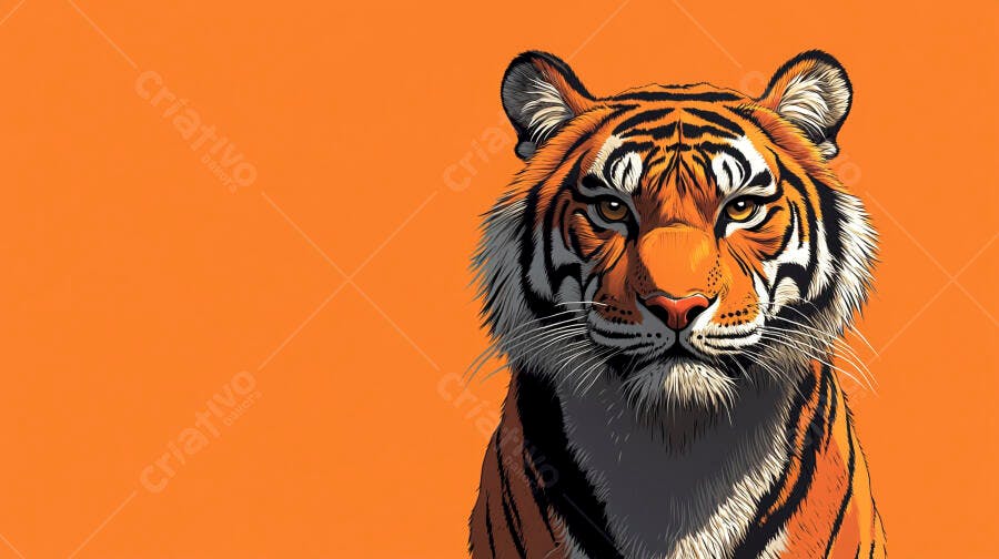 Tigre laranja e preto em close up olhando para frente com fundo vibrante