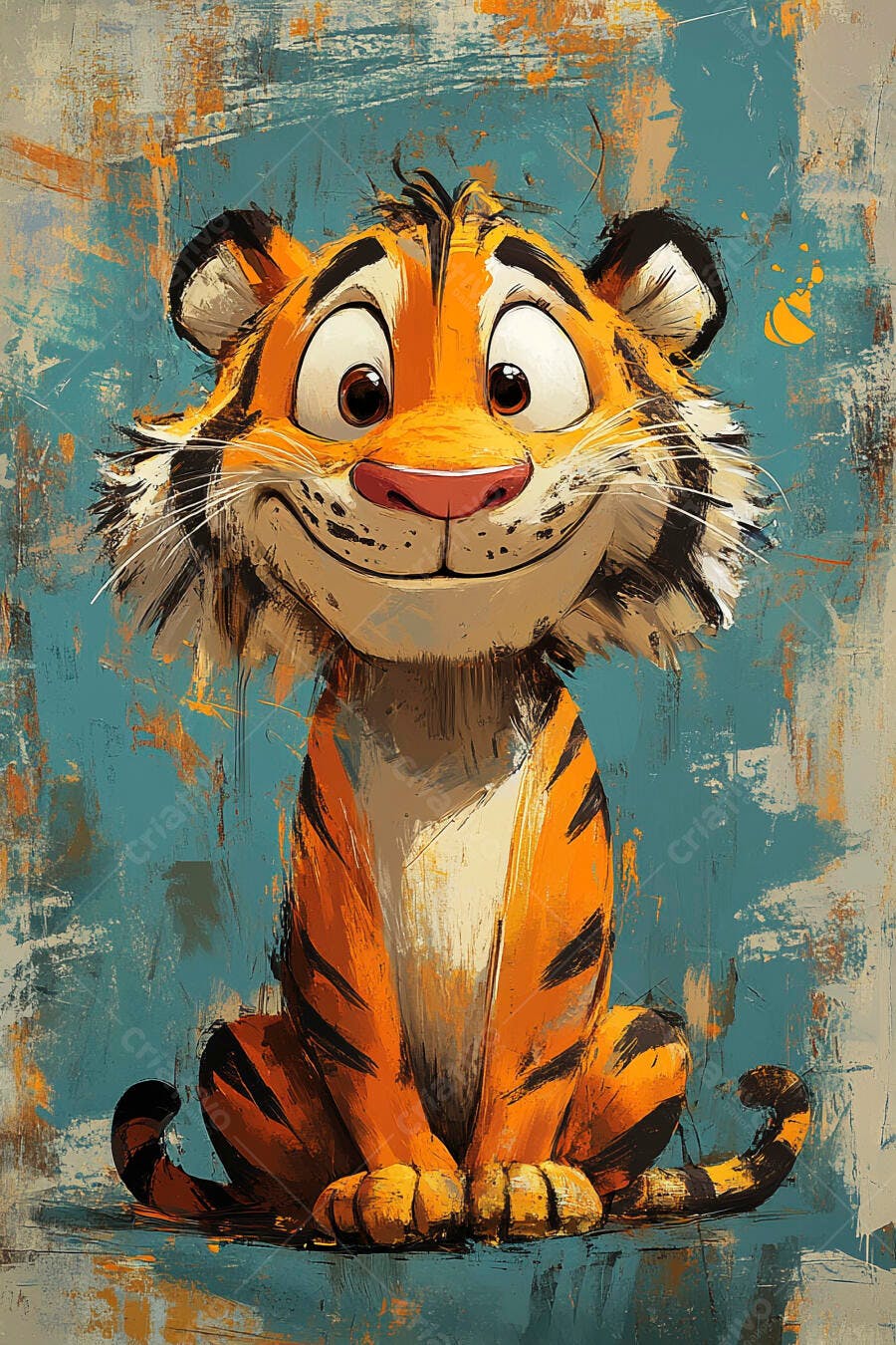 Tigre filhote de desenho animado sorrindo com fundo artístico azul e laranja