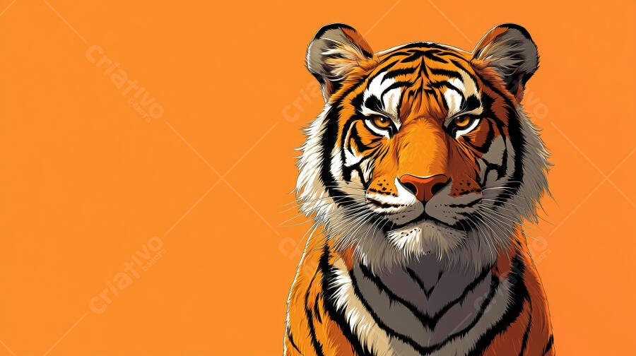 Tigre imponente com listras pretas e fundo laranja vibrante