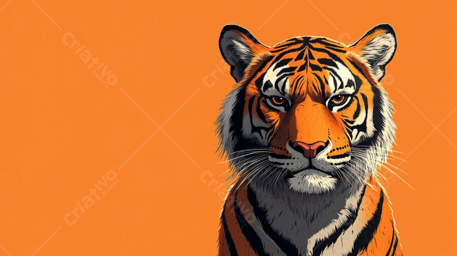 Tigre imponente ilustração digital em laranja vibrante e preto com olhos penetrantes