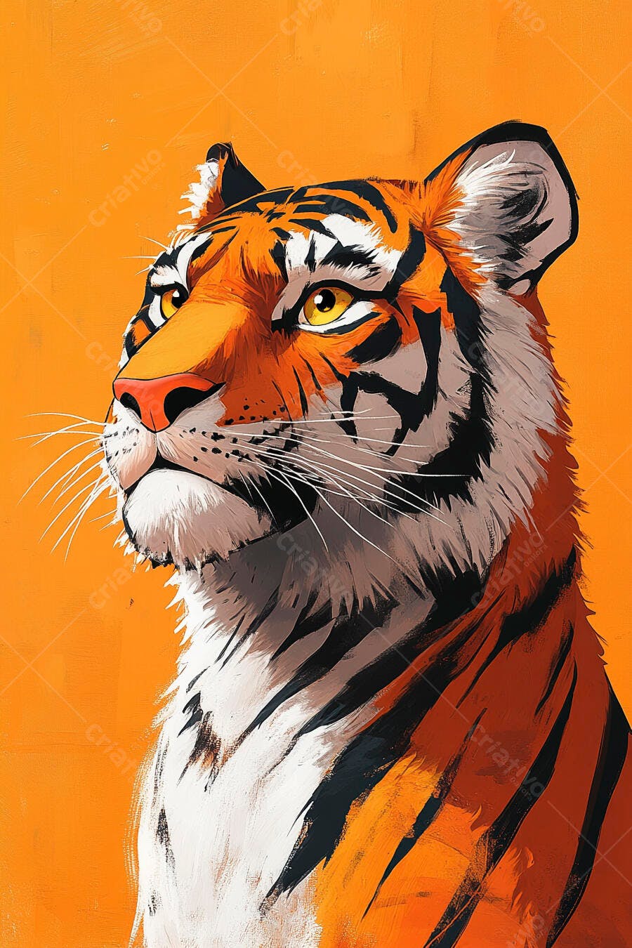 Tigre imponente com pelagem laranja e preta em fundo vibrante