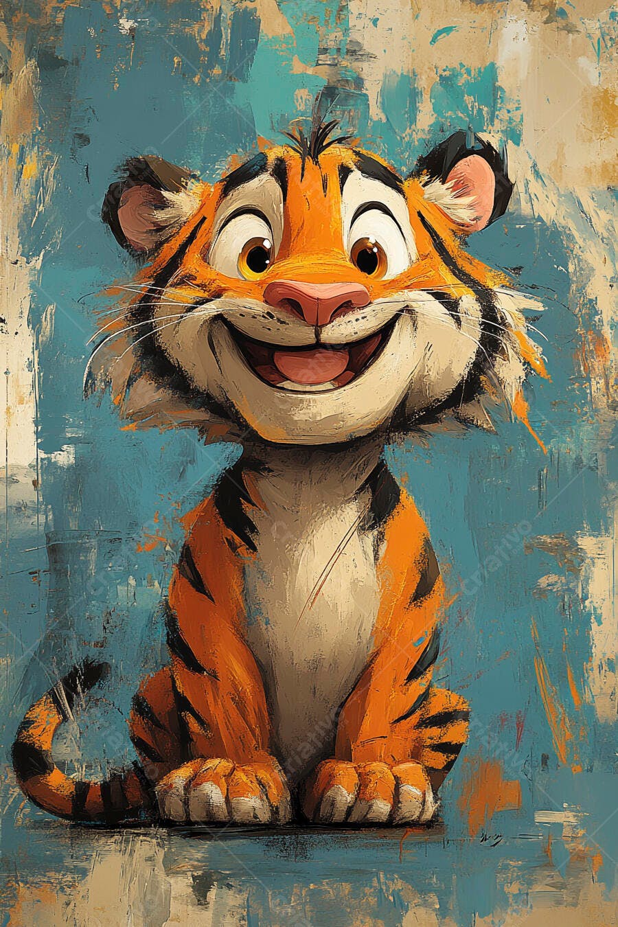 Tigre filhote sorridente em estilo pintura abstrata azul e laranja