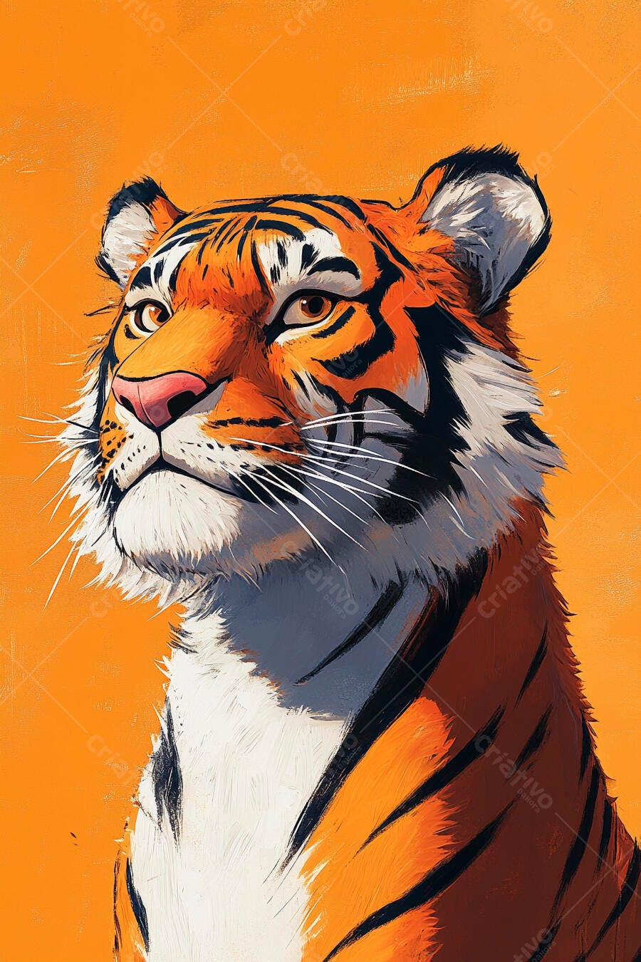 Tigre laranja preto e branco com olhar atento em fundo sólido