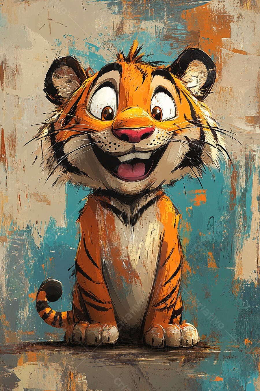 Tigre feliz de desenho animado com sorriso largo em fundo abstrato laranja e azul