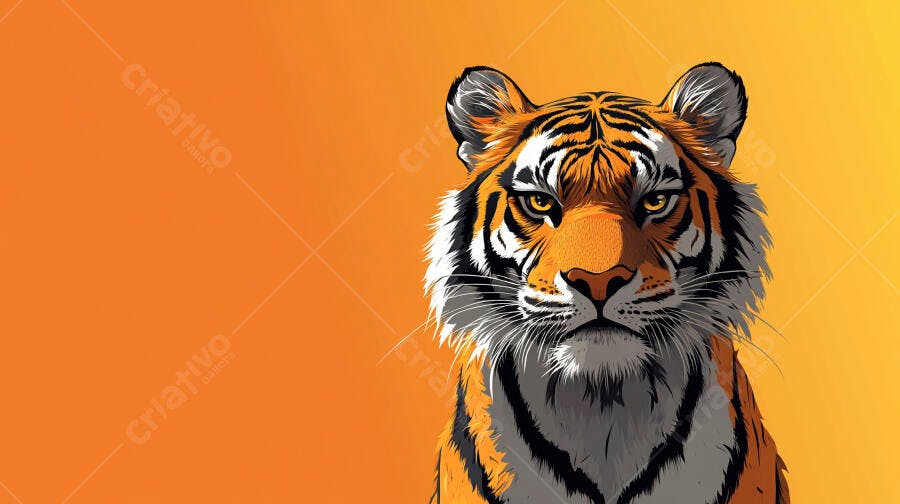 Tigre imponente olhando fixamente com fundo laranja vibrante