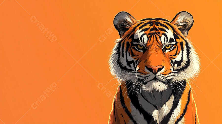 Tigre majestoso com pelagem laranja e listras pretas em fundo vibrante
