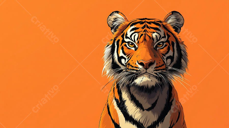 Tigre majestoso com listras pretas e fundo laranja vibrante
