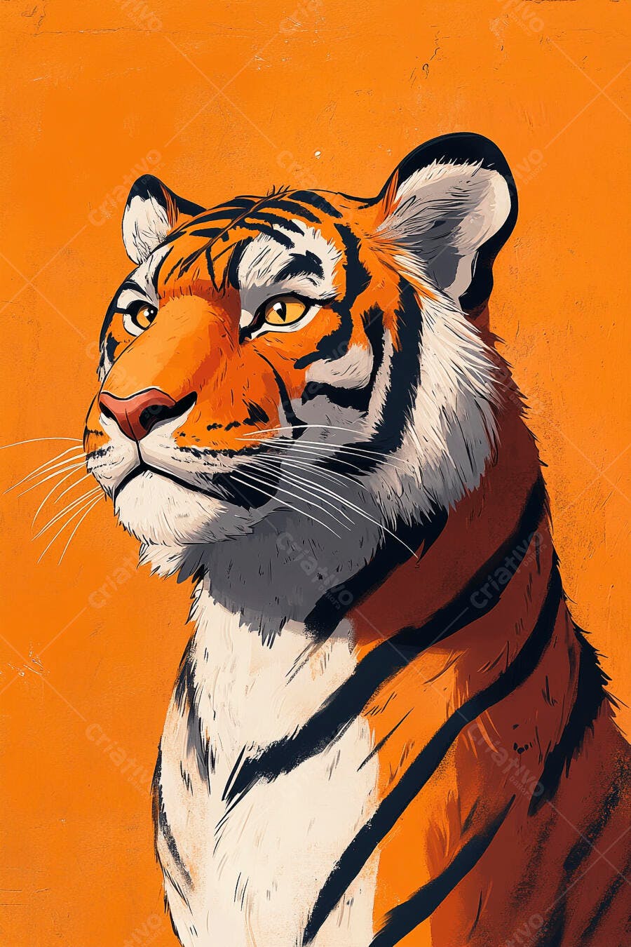 Tigre imponente laranja e preto com olhos amarelos em ilustração vibrante
