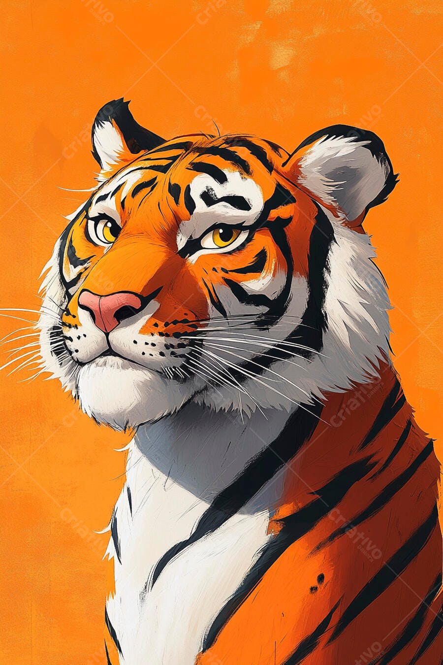 Tigre laranja e preto em ilustração vibrante com fundo monocromático