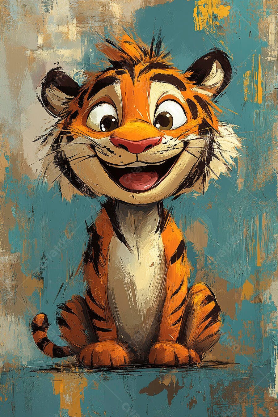 Filhote de tigre de desenho animado sorrindo feliz em fundo azul texturizado