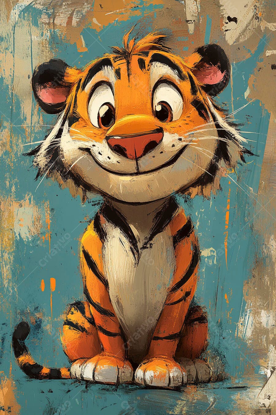 Tigre filhote alegre desenho animado sentado fundo azul laranja e preto texturizado