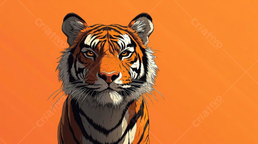 Tigre imponente com pelagem laranja e preta em ilustração de fundo vivo