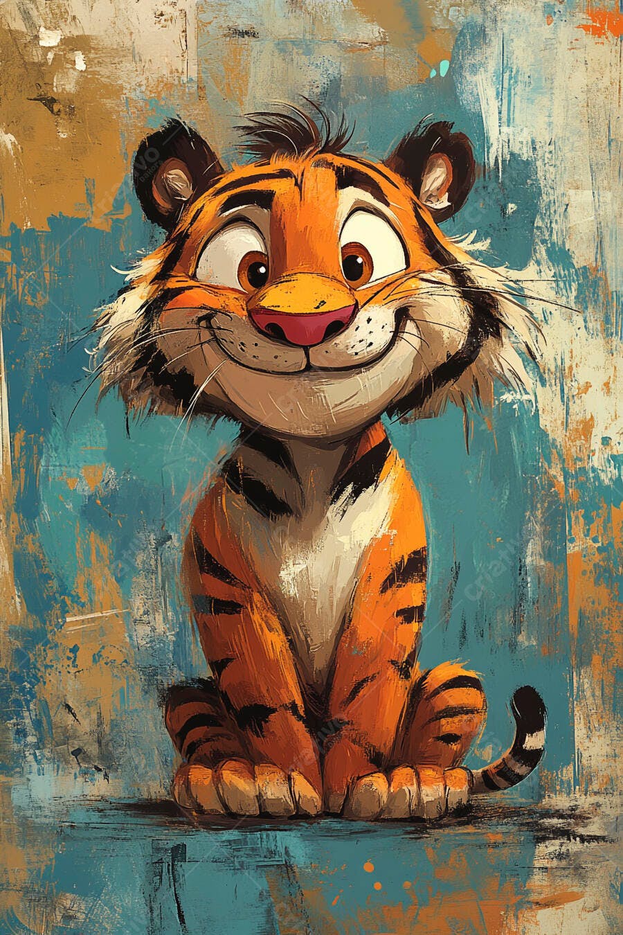Tigre animado sorrindo em ilustração colorida estilo aquarela