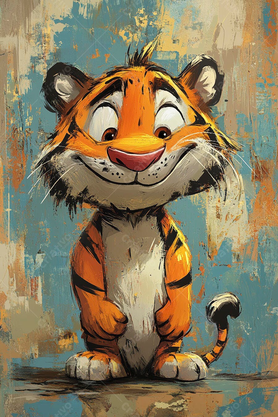 Tigre laranja e preto sorrindo em ilustração cartoon com fundo texturizado azul