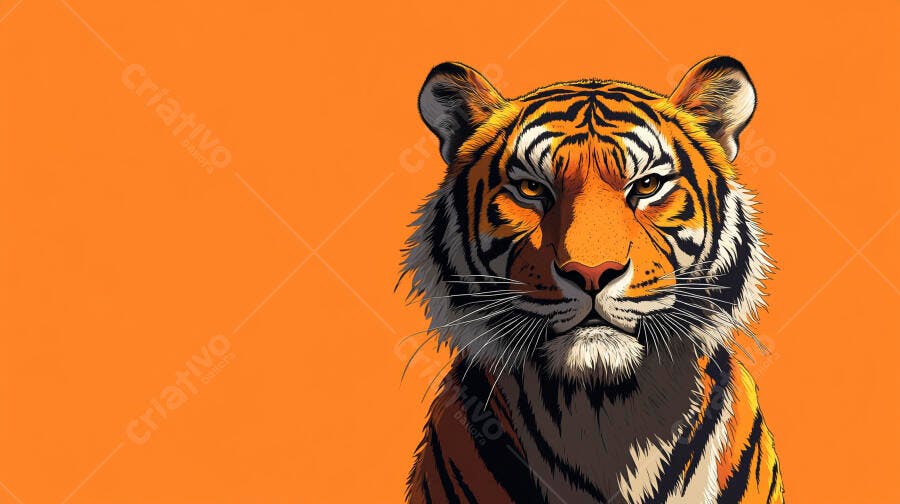 Tigre imponente em ilustração digital com fundo laranja vibrante