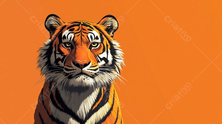 Tigre ilustracao vibrante com olhos amarelos e fundo laranja