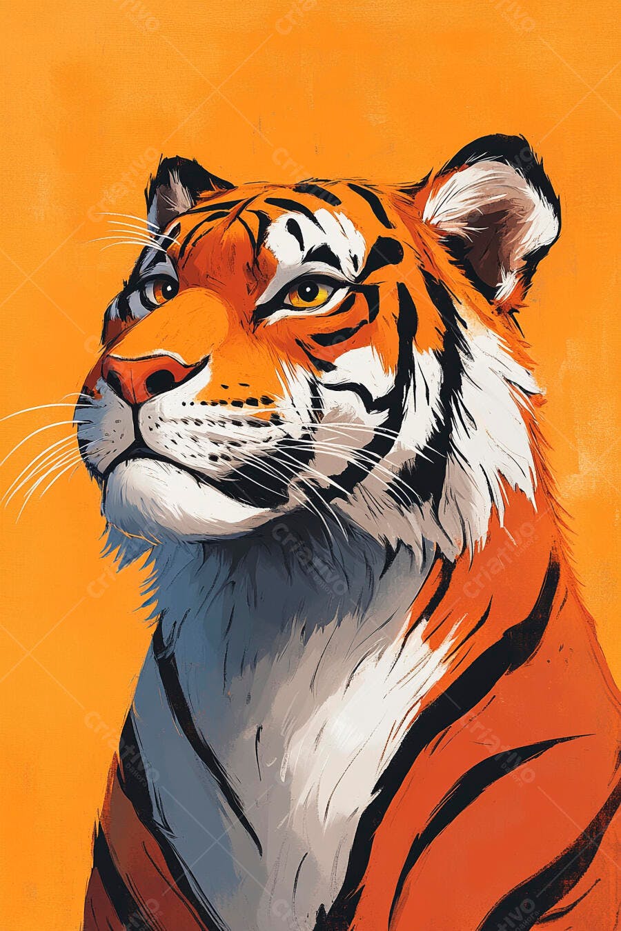 Tigre em ilustração de cores vibrantes com fundo laranja sólido